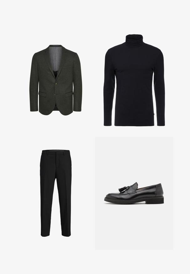 Tmavozelený blejzer vyrobený z textúrovanej látky, s klopovým golierom, dvoma prednými vreckami a zapínaním na dva gombíky. Viditeľná podšívka.; Čierny dlhý rukáv turtleneck s mäkkou a elastickou látkou. Má priliehavý strih a hladkú textúru. Bez viditeľných vzorov alebo akcentov.; Čierne nohavice vyrobené z hladkej látky, s rovnými strihom, pútkami na opasok a plochým predným dizajnom bez viditeľných vzorov alebo ozdôb.; Čierne kožené mokasíny s detailmi v podobe strapca, zaoblenou špičkou a štruktúrovanou podrážkou. Majú hladký povrch a minimalistický dizajn.