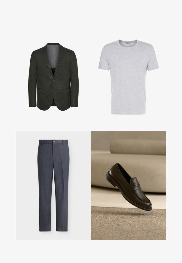 Blazer verde oscuro de tejido texturizado, con solapa muesca, dos bolsillos frontales y cierre de dos botones. Interior forrado visible.; Camiseta de algodón gris con cuello redondo, mangas cortas y un diseño liso, que presenta una textura suave y lisa, sin patrones ni adornos visibles.; Pantalones de vestir a medida de color gris oscuro con cierre de botón y cremallera, trabillas para cinturón y corte recto, sobre fondo blanco.; Un solo mocasín de cuero marrón oscuro flotando sobre una alfombra beige texturizada, con un sofá beige desenfocado al fondo.