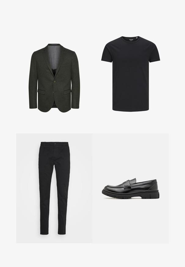 Mørkegrøn blazer lavet af tekstureret stof, der har en spids revers, to frontlommer og en to-knap lukning. Foret indre er synligt.; Sort bomulds T-shirt med rund hals, korte ærmer og et enkelt design. Glat tekstur, ingen mønstre eller synligt tilbehør.; Sorte slim-fit bukser lavet af en blanding af bomuldsstof, med en frontknaplukning, fem lommer og en glat, mat tekstur.; Sort læder loafersko med en bred rem over forfoden, gummisål med tykke mønstre og glat overflade. Klassisk, slankt design.