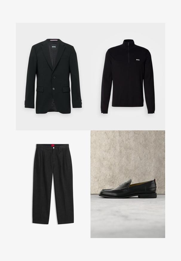 Zwarte op maat gemaakte blazer met twee knopen, ingesneden revers en klepzakken. Gevoerd interieur met een subtiel textuurpatroon. Merklip: BOSS.; Zwarte pullover met lange mouwen en een halve ritssluiting bij de kraag, met een geribbelde structuur en een wit "BOSS"-logo op de borst. Zachte stofafwerking.; Zwarte hoge taille broek met plooien aan de voorkant, ceintuurlussen, een knoop- en ritsluiting, en een rood label aan de binnenkant van de tailleband.; Zwarte leren herenslipper met een krokodillen-embossed voorblad en een lage hak, zij-aanzicht op een neutrale achtergrond.