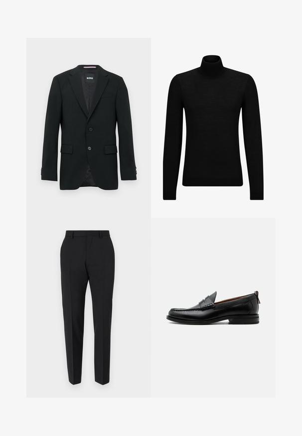 Schwarzer maßgeschneiderter Blazer mit zwei Knöpfen, Revers mit Kerbkragen und Pattentaschen. Gefüttertes Innenfutter mit einem dezenten Strukturmuster. Markenlabel: BOSS.; Schwarzer Rollkragenpullover aus weichem Material mit langen Ärmeln und enger Passform. Rippbesatz am Saum und an den Bündchen. Einfaches Design.; Schwarze Hose mit maßgeschneidertem Design, flacher Vorderseite, Faltendetails und schlanker Passform. Aus einem glatten Stoff für einen eleganten Look.; Schwarzer Leder-Herrenschuh mit Mokassinnaht, Penny-Riemen, strukturiertem Kragen und niedrigem gestapeltem Absatz auf weißem Hintergrund.