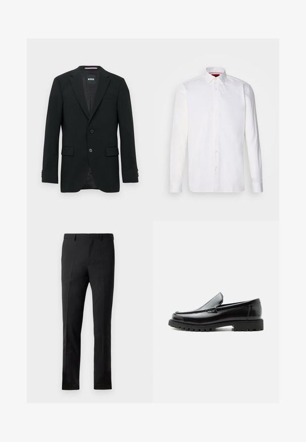 Schwarzer maßgeschneiderter Blazer mit zwei Knöpfen, Revers mit Kerbkragen und Pattentaschen. Gefüttertes Innenfutter mit einem dezenten Strukturmuster. Markenlabel: BOSS.; Weißes langärmliges Hemd aus Baumwolle mit klassischem Kragen, Knopfleiste vorne und glatter Textur. Rote Details im inneren Kragen.; Schwarze Hose mit tailliertem Schnitt, flacher Vorderseite, zwei Falten, Gürtelschlaufen und glatter Textur. Keine sichtbaren Muster oder Metallteile.; Schwarzer Lederloafer mit grober Gummisohle, genähter Oberseite und geprägtem Markennamen an der Ferse, seitlich auf weißem Hintergrund gezeigt.