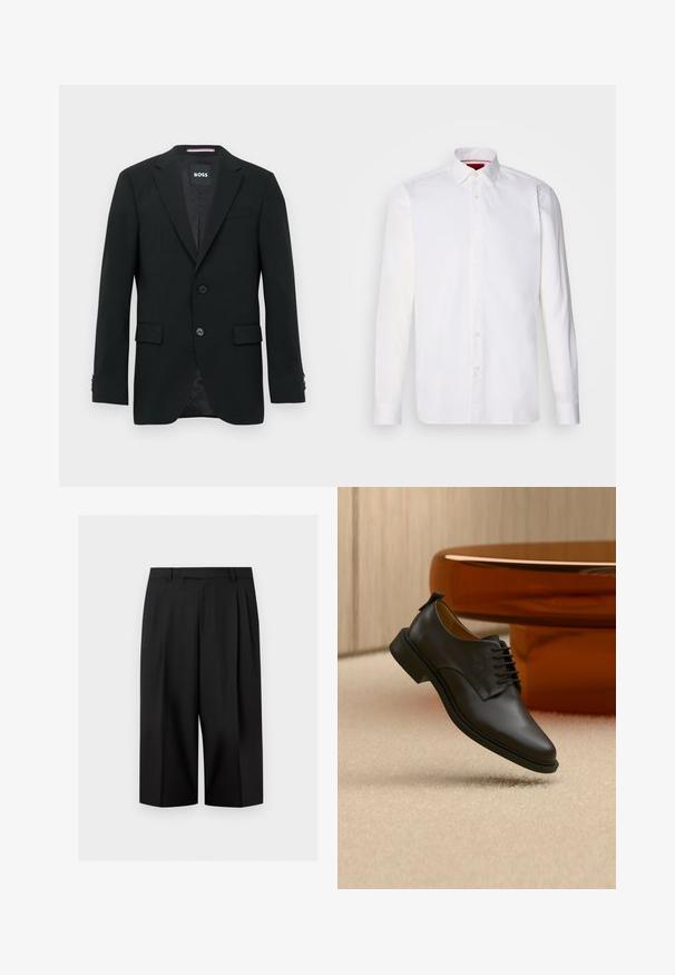Schwarzer maßgeschneiderter Blazer mit zwei Knöpfen, Revers mit Kerbkragen und Pattentaschen. Gefüttertes Innenfutter mit einem dezenten Strukturmuster. Markenlabel: BOSS.; Weißes langärmliges Hemd aus Baumwolle mit klassischem Kragen, Knopfleiste vorne und glatter Textur. Rote Details im inneren Kragen.; Schwarze, weit geschnittene, gekürzte Hose mit Gürtelschlaufen und vorderen Falten, vor einem schlichten hellen Hintergrund dargestellt.; Schwarzer Herrenschuh aus Leder mit Schnürung, schwebt über einem beigen Teppich, im Hintergrund ein brauner runder Kaffeetisch.