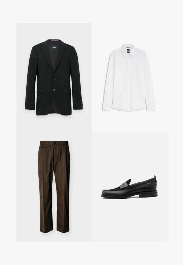 Blazer negro a medida con dos botones, solapas con muesca y bolsillos con solapa. Interior forrado con un sutil patrón texturizado. Etiqueta de la marca: BOSS.; Camisa blanca de manga larga con botones, cuello clásico y etiqueta BOSS en el interior del cuello, colocada plana sobre un fondo blanco.; Pantalones marrones de pierna recta con cierre de botón y cremallera, trabillas para cinturón y detalles de pliegue frontal, exhibidos sobre un fondo liso.; Mocasín de cuero negro con detalle de tira gris, tacón bajo y suela texturizada, con la marca "HUGO" en oro en el lateral.