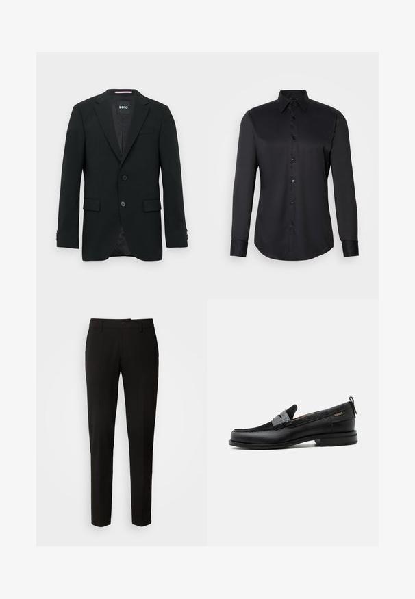 Blazer negro a medida con dos botones, solapas con muesca y bolsillos con solapa. Interior forrado con un sutil patrón texturizado. Etiqueta de la marca: BOSS.; Camisa negra de manga larga con botones, hecha de una tela suave, que presenta un cuello clásico y un cierre de botones en el frente.; Pantalones negros con un diseño de pierna recta, con cierre de botón, trabillas para cinturón y una textura de tela suave. Sin patrones ni acentos visibles.; Mocasín de cuero negro con detalle de tira gris, tacón bajo y suela texturizada, con la marca "HUGO" en oro en el lateral.
