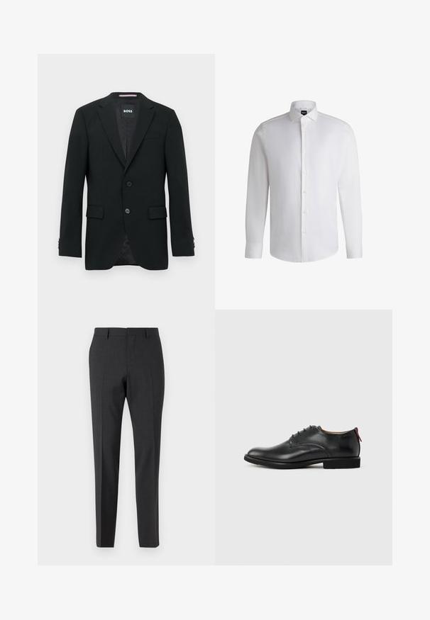 Schwarzer maßgeschneiderter Blazer mit zwei Knöpfen, Revers mit Kerbkragen und Pattentaschen. Gefüttertes Innenfutter mit einem dezenten Strukturmuster. Markenlabel: BOSS.; Weißes Langarmhemd aus glattem Baumwollstoff, mit klassischem Kragen, durchgehender Knopfleiste und geknöpften Manschetten. Minimalistisches Design.; Dunkelgraue, maßgeschneiderte Hose mit glatter Textur, schmaler Passform, flachem Frontbereich und Gürtelschlaufen, entworfen für formelle oder geschäftliche Kleidung.; Schwarzer Herren-Lederschuh mit Schnürung und rotem Zuglasche an der Ferse vor schlichten Hintergrund.