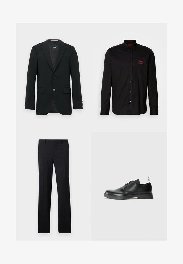 Schwarzer maßgeschneiderter Blazer mit zwei Knöpfen, Revers mit Kerbkragen und Pattentaschen. Gefüttertes Innenfutter mit einem dezenten Strukturmuster. Markenlabel: BOSS.; Schwarzes Langarmshirt aus glattem Stoff, mit Knopfverschluss, klassischem Kragen und einem kleinen roten Markenpatch auf der Brust.; Schwarze maßgeschneiderte Hose mit geradem Schnitt, scharfen Falten und glatter Oberfläche. Hergestellt aus leichtem Stoff mit einem sauberen Bund.; Schwarze Leder-Schnürschuhe mit glatter Oberfläche, abgerundeter Zehenpartie und minimalistischer Gestaltung. Verfügt über eine subtile kontrastierende Schlaufe und Gummisohle.