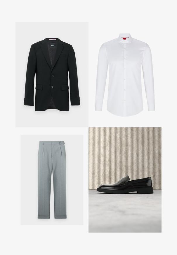 Schwarzer maßgeschneiderter Blazer mit zwei Knöpfen, Revers mit Kerbkragen und Pattentaschen. Gefüttertes Innenfutter mit einem dezenten Strukturmuster. Markenlabel: BOSS.; Weißes langärmliges Hemd mit Knopfleiste, hergestellt aus glattem Baumwollstoff. Verfügt über einen klassischen Kragen, eine durchgehende Knopfleiste und einen abgerundeten Saum.; Helle graue Hose aus strukturiertem Stoff mit geradem Bein, einfachen Falten und umgeschlagenen Säumen. Minimalistisches und maßgeschneidertes Erscheinungsbild.; Schwarzer, polierter Lederloafer, der über einem beigen Teppich schwebt, mit orangener, durchscheinender Möbel im Hintergrund.