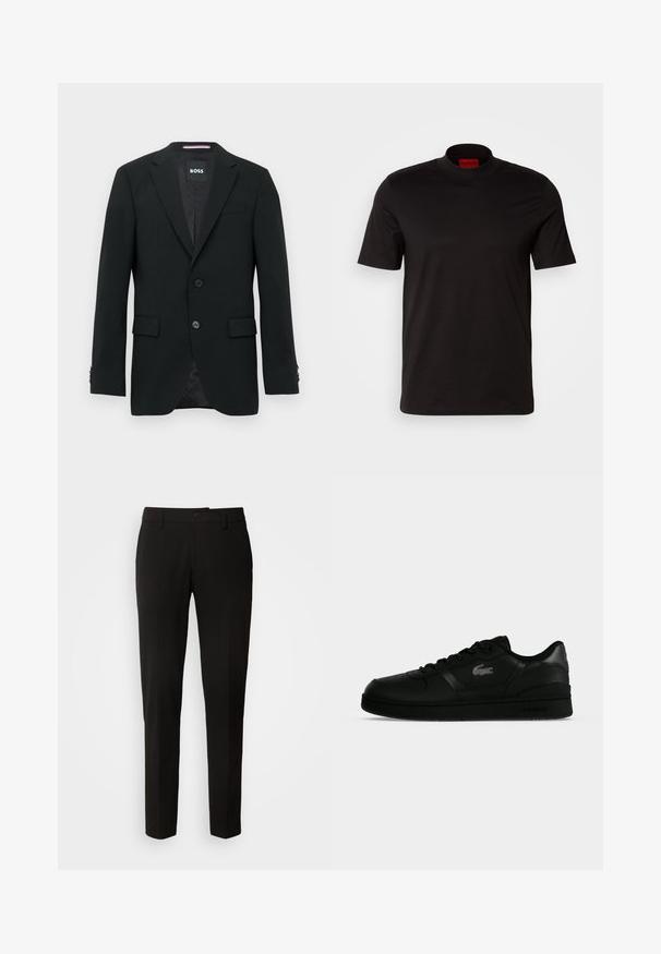 Schwarzer maßgeschneiderter Blazer mit zwei Knöpfen, Revers mit Kerbkragen und Pattentaschen. Gefüttertes Innenfutter mit einem dezenten Strukturmuster. Markenlabel: BOSS.; Schwarzes T-Shirt mit kurzen Ärmeln und hohem Kragen. Hergestellt aus glattem Stoff. Verfügt über ein rotes Markenlabel am inneren Kragen.; Schwarze Hose mit geradem Beinschnitt, ausgestattet mit einem Knopfverschluss, Gürtelschlaufen und glattem Stoff. Keine sichtbaren Muster oder Akzente.; Schwarzer Lacoste Low-Top-Sneaker mit Schnürdesign, perforierten Details und Krokodil-Logo an der Seite, von der Außenseite gezeigt.
