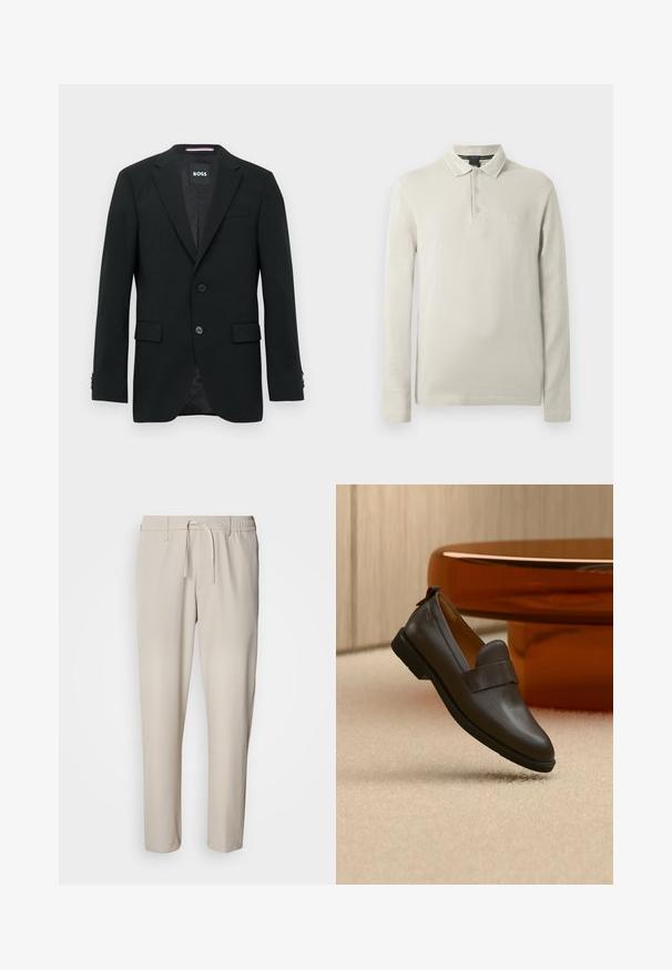 Blazer negro a medida con dos botones, solapas con muesca y bolsillos con solapa. Interior forrado con un sutil patrón texturizado. Etiqueta de la marca: BOSS.; Camisa polo de manga larga en beige claro, fabricada con tela suave. Cuenta con cuello, tapeta de tres botones y un sutil bordado de logotipo en el pecho.; Pantalones beige y ligeros con un corte holgado. Cuentan con una cintura elástica con cordón y bolsillos laterales. Textura suave y sin estampados.; Mocasín de cuero marrón oscuro con un tacón bajo flotando sobre una alfombra beige, junto a una mesa brillante, redondeada y de color ámbar.