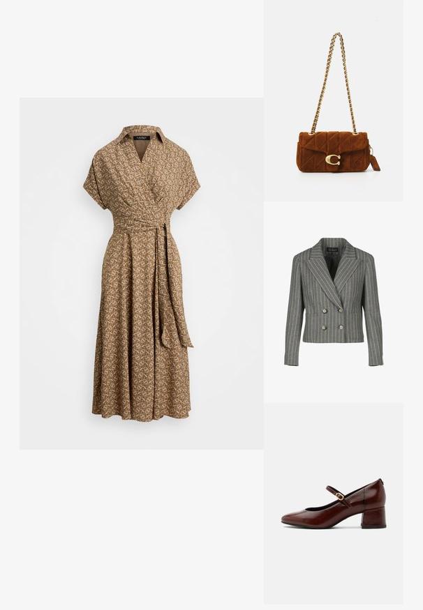 Grå dobbeltbrystet blazer i en pinstripe-mønster, med en notch krave, to frontlommer og sølvknapper.; Wrap kjole i en brun stof med et geometrisk mønster, der har krave, korte ærmer og en knyttet talje for en defineret form.; Brun læder Mary Jane-sko med lav blokhæle og guldlåsrem, sidevisning på hvid baggrund.; Brun quiltet ruskinds skuldertaske med kædeagtig guldfarvet strop og stort guld "C" spænde på frontklappen.