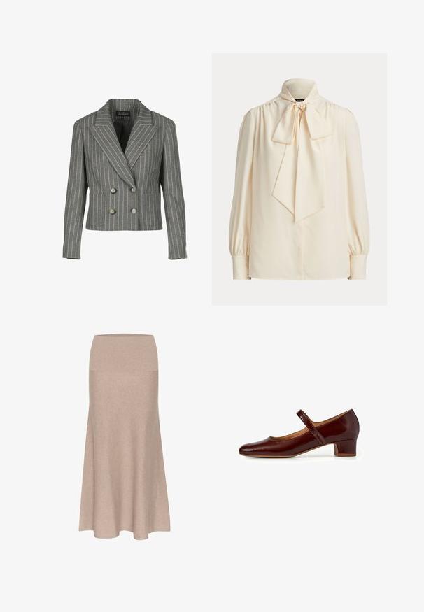 Grå dobbeltbrystet blazer i en pinstripe-mønster, med en notch krave, to frontlommer og sølvknapper.; Langærmet cremefarvet bluse med høj krave og en stor bundet sløjfe ved halsen, med rynkede skuldre og manchetærmer.; Strikket midi nederdel i lys beige med høj elastisk talje og vidt skørt, glat tekstur med minimal detaljering.; Mary Jane sko i dyb burgundy patentlæder, med en afrundet tå, en lav blokhæl og en justerbar rem over vristen.