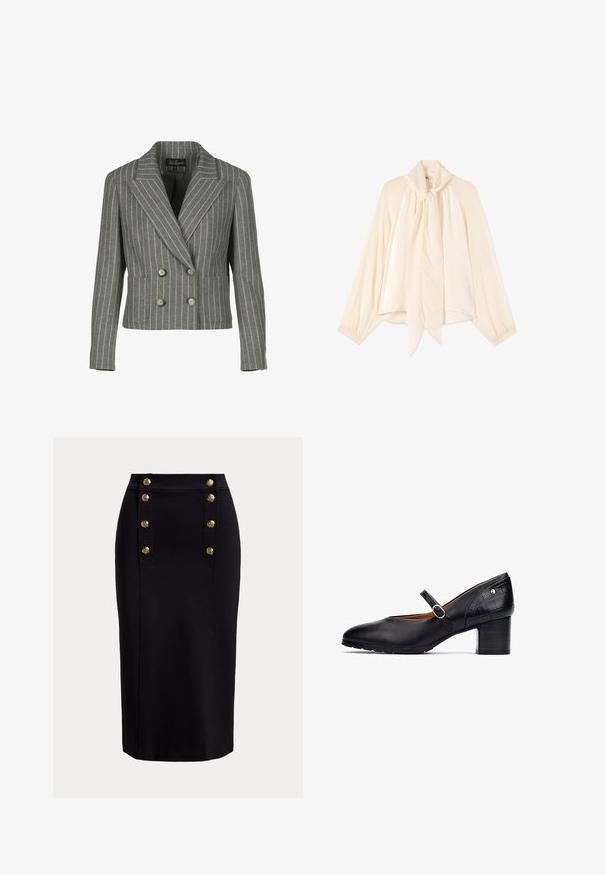 Grå dobbeltbrystet blazer i en pinstripe-mønster, med en notch krave, to frontlommer og sølvknapper.; Cremefarvet bluse med lange ærmer, høj hals og en lang bundet sløjfe foran, med let puffede ærmer og samlede manchetter.; Sort knælang pencilskirt med front lodret panel og to rækker af seks gyldne dekorative knapper.; Sorte læder Mary Jane sko med rund tå, ankelrem med en rund spænde og en mid-høj træblok hæl. Teksturerede detaljer på hælen.