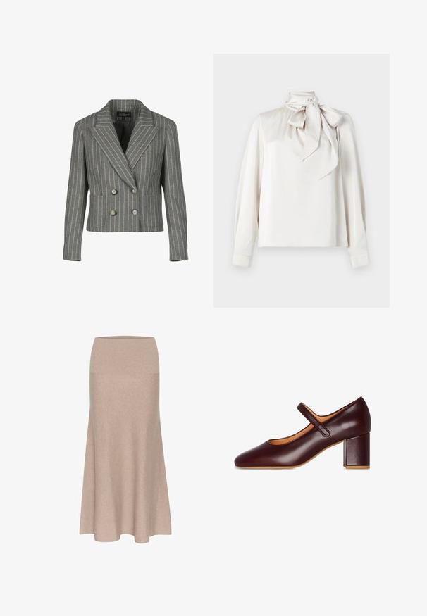 Grå dobbeltbrystet blazer i en pinstripe-mønster, med en notch krave, to frontlommer og sølvknapper.; Lys beige bluse med lange ærmer, høj krave og en stor sløjfe ved halsen. Glat tekstur og let løs pasform.; Strikket midi nederdel i lys beige med høj elastisk talje og vidt skørt, glat tekstur med minimal detaljering.; Burgunderfarvet læder Mary Jane sko med firkantet tå, justerbar rem og en kraftig blokhæl. Glat tekstur og minimalistisk design.