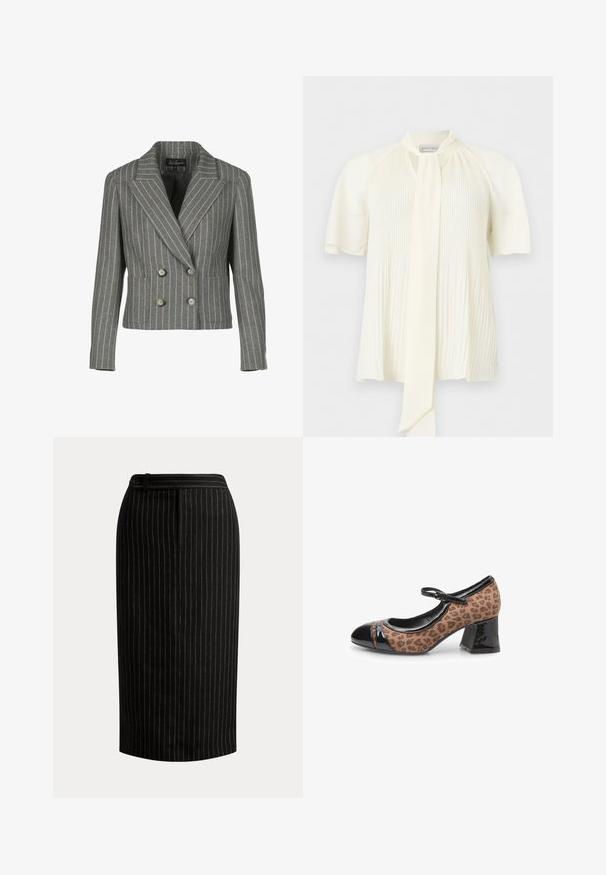 Grå dobbeltbrystet blazer i en pinstripe-mønster, med en notch krave, to frontlommer og sølvknapper.; Kremfarvet bluse med korte pufærmer, lodrette læg foran og en lang nakkesløjfe detalje.; Sort knælængde blyantnederdel med tynde lodrette hvide nålestriber og en detaljeret linning med knapper.; Mary Jane sko med en leopardmønsteret stofoverdel, sorte lakdetaljer ved tå og hæl, samt en chunky hæl. Justerbar rem inkluderet.