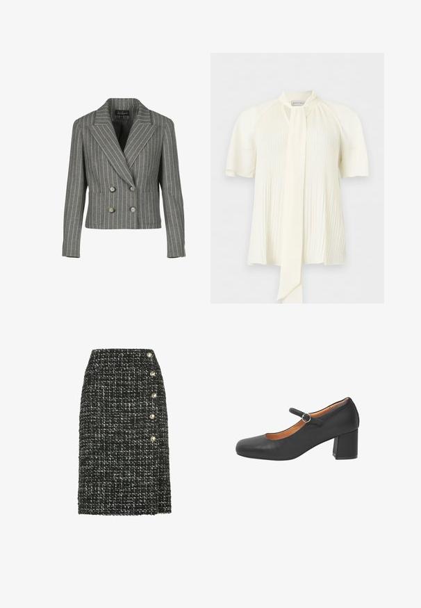 Grå dobbeltbrystet blazer i en pinstripe-mønster, med en notch krave, to frontlommer og sølvknapper.; Kremfarvet bluse med korte pufærmer, lodrette læg foran og en lang nakkesløjfe detalje.; Sort og hvid tweed-nederdel med lige snit, der har fem dekorative guldtonede knapper langs venstre side. Struktureret tekstur.; Sort Mary Jane-sko i læder med rundet spids, en rem med en rund metalspænde og en kraftig hæl. Glat tekstur.