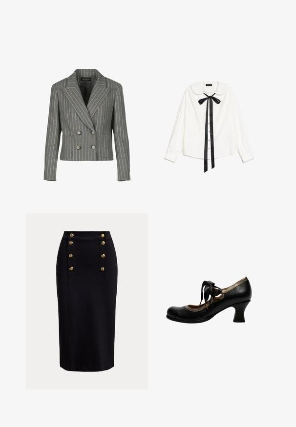 Grå dobbeltbrystet blazer i en pinstripe-mønster, med en notch krave, to frontlommer og sølvknapper.; Hvid langærmet bluse med Peter Pan krave, sort satin butterfly ved halsen og perleknapper foran.; Sort knælang pencilskirt med front lodret panel og to rækker af seks gyldne dekorative knapper.; Sort læder sko med mellem-hæl, metallisk kant, rund tå og sort båndsnøring bundet i en sløjfe på siden.