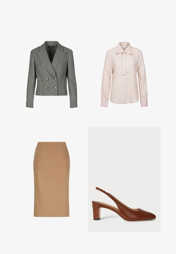 Grå dobbeltbrystet blazer i en pinstripe-mønster, med en notch krave, to frontlommer og sølvknapper.; Lyserød bluse med lange ærmer med sorte polkaprikker, knapper foran og en bundet sløjfe ved kraven.; Beige knælængde blyantsnederdel med høj talje og subtile sømdetaljer foran.; Brun læder slingback sko med spids tå, lav blokhæl og åbne sider, der har en glat tekstur og et minimalistisk design.