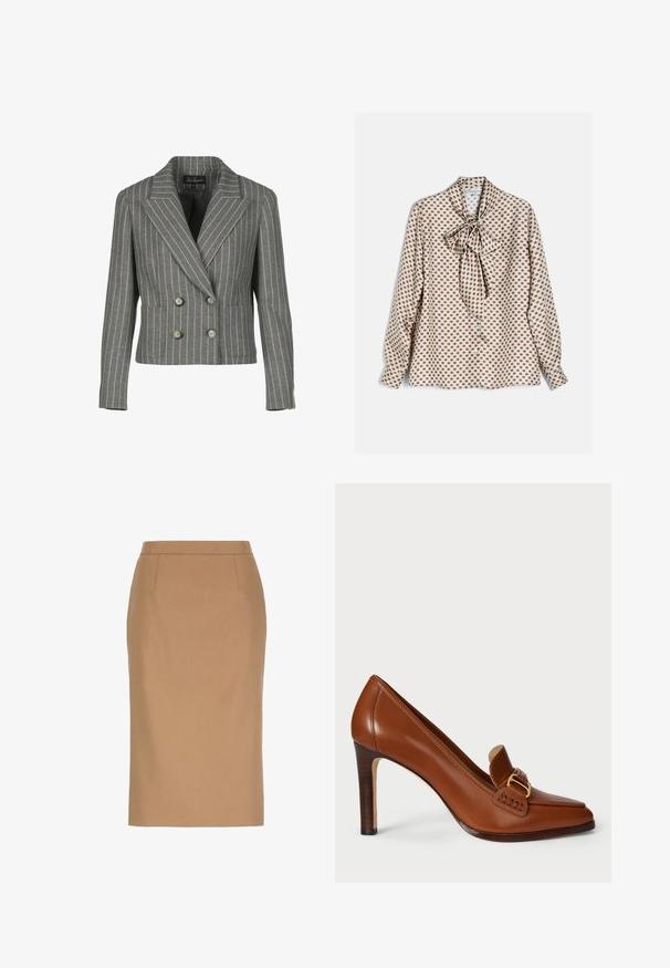 Grå dobbeltbrystet blazer i en pinstripe-mønster, med en notch krave, to frontlommer og sølvknapper.; Hvid bluse med lange ærmer med brunt firkantet mønster og stor bundet sløjfe ved halsudskæringen, vist på en flad overflade.; Beige knælængde blyantsnederdel med høj talje og subtile sømdetaljer foran.; Brun læder højhælede sko med spids tå, der har et dekorativt bånd og guldfarvet metaldele langs vamps. Glat tekstur.