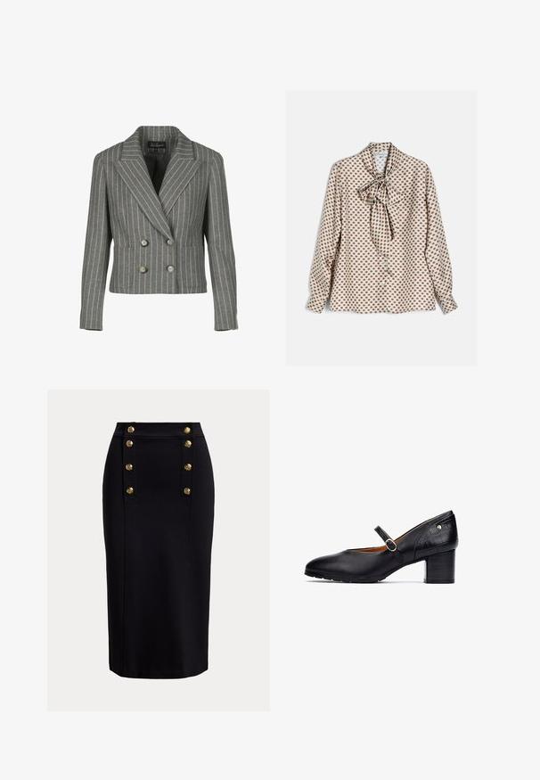 Grå dobbeltbrystet blazer i en pinstripe-mønster, med en notch krave, to frontlommer og sølvknapper.; Hvid bluse med lange ærmer med brunt firkantet mønster og stor bundet sløjfe ved halsudskæringen, vist på en flad overflade.; Sort knælang pencilskirt med front lodret panel og to rækker af seks gyldne dekorative knapper.; Sorte læder Mary Jane sko med rund tå, ankelrem med en rund spænde og en mid-høj træblok hæl. Teksturerede detaljer på hælen.