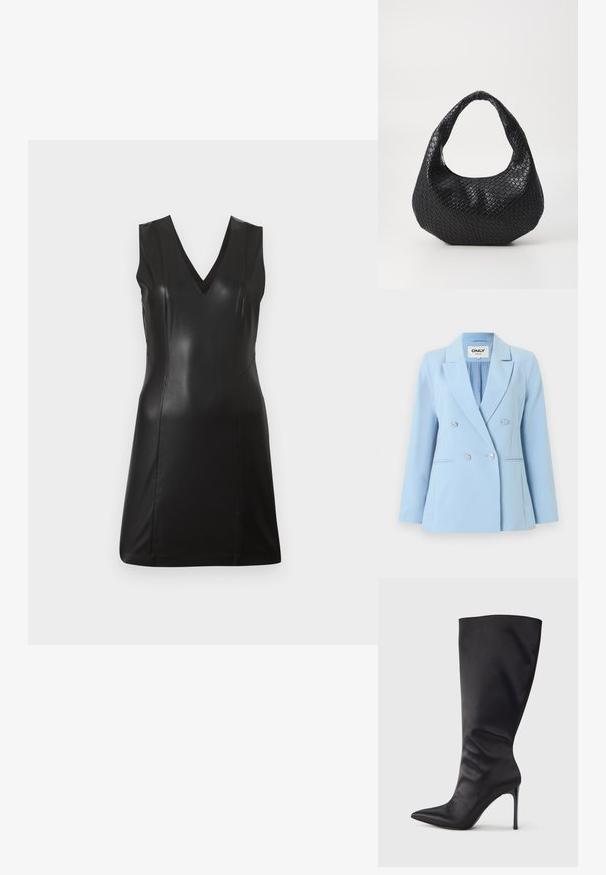 Blazer bleu clair croisé avec des boutons argentés, des revers crantés et deux poches passepoilées à l'avant.; Robe noire sans manches en simili cuir avec décolleté en V et coutures ajustées, longueur genoux, sur un fond clair uni.; Botte noire haute jusqu'aux genoux en cuir verni lisse et élégant ; bout pointu ; ajustée avec un léger froncé près de la cheville ; talon brillant.; Sac à main tissé noir avec une poignée courbée, présentant une surface texturée et une forme décontractée. Fini lisse avec une silhouette organique.
