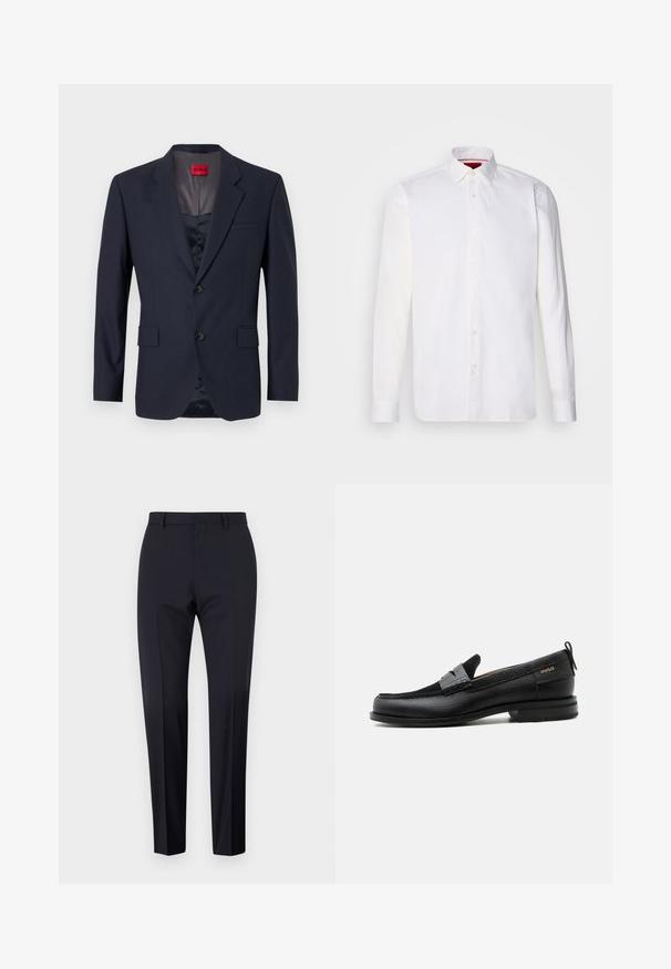 Blazer navy de tela suave con un diseño de un solo botón, dos bolsillos frontales y botones negros. Etiqueta de marca roja en el interior.; Camisa blanca de manga larga hecha de algodón, con un collar clásico, placket frontal con botones y una textura suave. Detalle interior del collar en rojo.; Pantalones de traje en color navy, de tiro plano, corte slim, con trabillas para cinturón y bolsillos laterales. Tejido suave con un acabado nítido, sin patrones ni acentos visibles.; Mocasín de cuero negro con detalle de tira gris, tacón bajo y suela texturizada, con la marca "HUGO" en oro en el lateral.