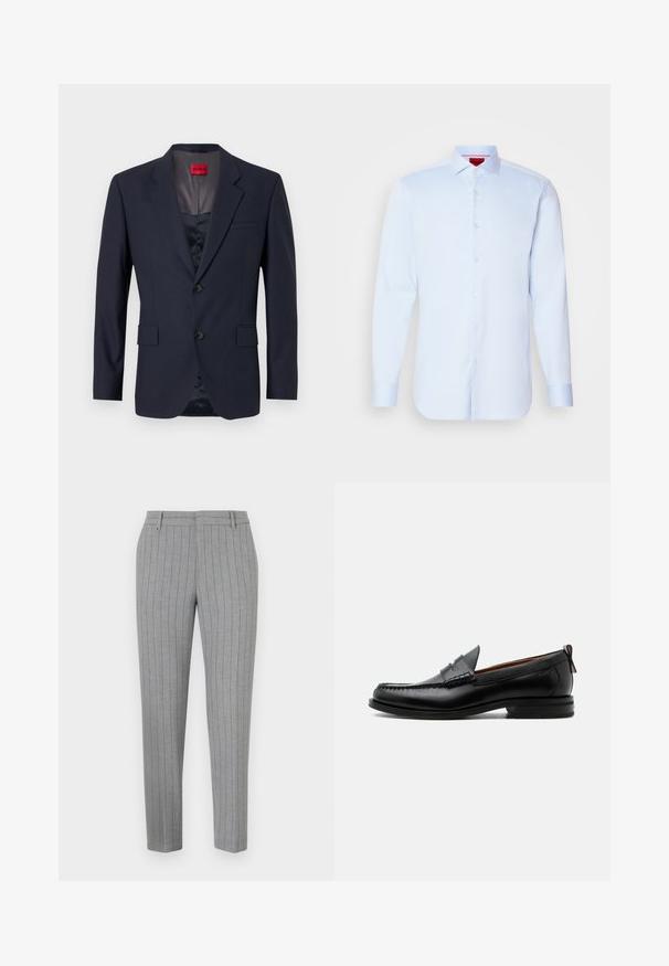 Blazer navy de tela suave con un diseño de un solo botón, dos bolsillos frontales y botones negros. Etiqueta de marca roja en el interior.; Camisa de botones de manga larga en azul claro con cuello extendido, dobladillo redondeado y botones blancos. Tejido suave con un brillo sutil.; Pantalones a rayas grises con un ajuste entallado, frente plano y bolsillos laterales. Fabricados con una tela suave y un brillo sutil.; Mocasín de hombre de piel negra con costura moc toe, tira penny, cuello texturizado y tacón bajo apilado sobre fondo blanco.
