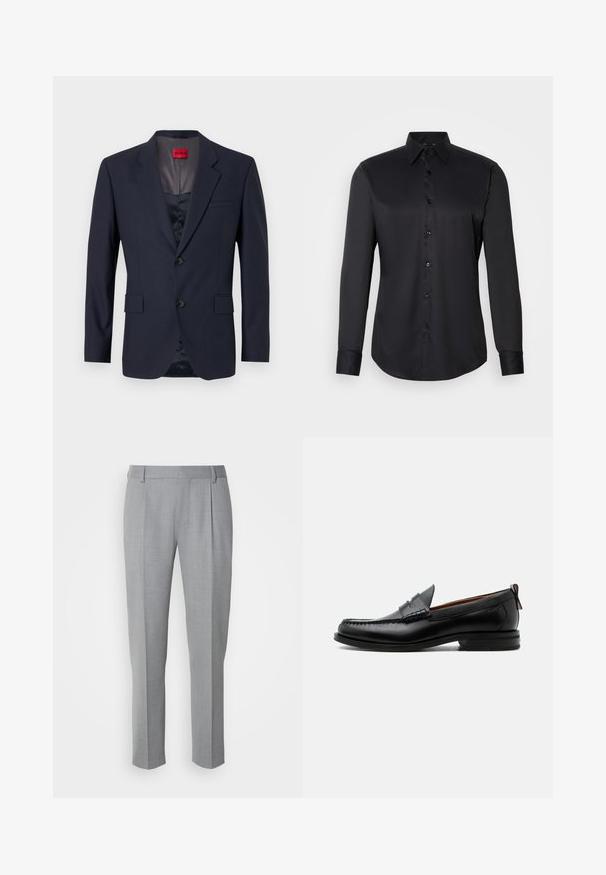 Blazer navy de tela suave con un diseño de un solo botón, dos bolsillos frontales y botones negros. Etiqueta de marca roja en el interior.; Camisa negra de manga larga con botones, hecha de una tela suave, que presenta un cuello clásico y un cierre de botones en el frente.; Pantalones grises a medida con una textura suave, que cuentan con un frente plano, piernas rectas y pliegues sutiles para un detalle adicional.; Mocasín de hombre de piel negra con costura moc toe, tira penny, cuello texturizado y tacón bajo apilado sobre fondo blanco.