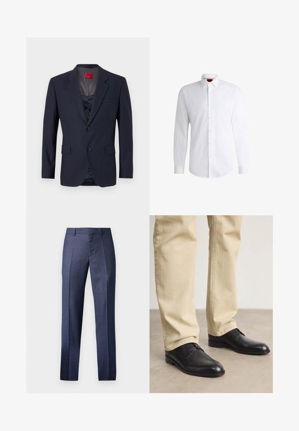 Blazer navy de tela suave con un diseño de un solo botón, dos bolsillos frontales y botones negros. Etiqueta de marca roja en el interior.; Camisa blanca de botones, confeccionada en tela suave, con collar clásico, mangas largas y dobladillo curvado. Presenta botones beige en la parte delantera.; Pantalones de vestir azul marino para hombre, confeccionados con un tejido texturizado, que presentan un corte ajustado, frontal plano y dos pliegues marcados que recorren las piernas.; Zapatos de cuero negro con cordones, puntera redondeada, acabado suave y sutiles detalles de costura, combinados con pantalones de color beige claro.