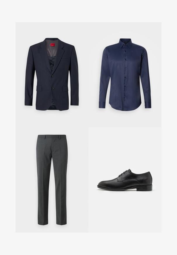 Blazer navy de tela suave con un diseño de un solo botón, dos bolsillos frontales y botones negros. Etiqueta de marca roja en el interior.; Camisa de vestir de manga larga para hombre en azul marino, con cuello puntiagudo y cierre frontal de botones, presentada sobre un fondo blanco liso.; Pantalones ajustados de color gris oscuro fabricados en un textil suave. Presentan perneras rectas, un frente plano y pasadores para cinturón. Sin patrones ni acentos visibles.; BOSS TAYIL - Zapatos de vestir con cordones - black