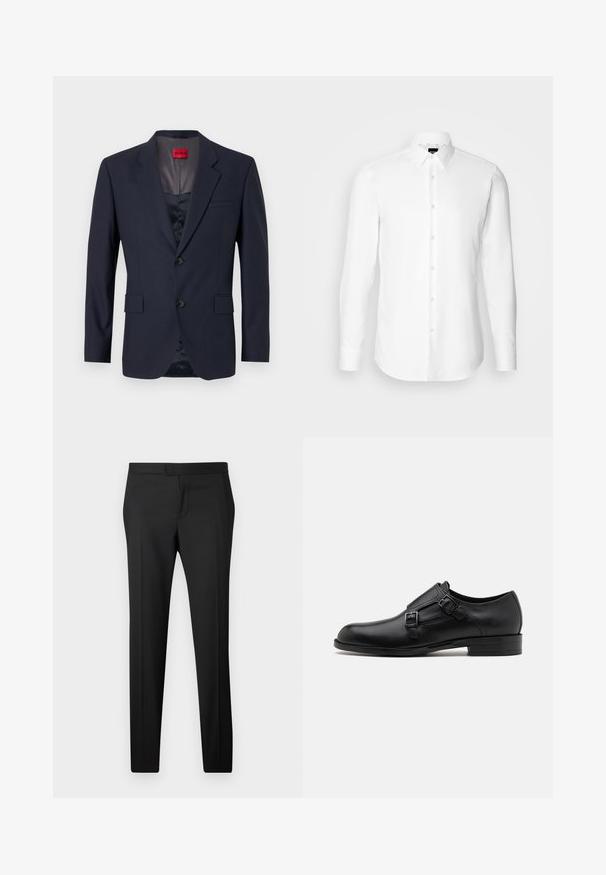 Blazer navy de tela suave con un diseño de un solo botón, dos bolsillos frontales y botones negros. Etiqueta de marca roja en el interior.; Camisa blanca de manga larga, con cierre de botones en el frente, cuello clásico, confeccionada con una tela suave con una textura sutil, diseñada para un ajuste entallado.; Pantalones negros ajustados de corte recto, hechos de una tela suave. Presentan un frente plano, trabillas para cinturón y sin patrones o adornos visibles.; Zapato de vestir de cuero negro con doble hebilla, silueta elegante y punta redonda. Cuenta con un tacón bajo y una textura suave.