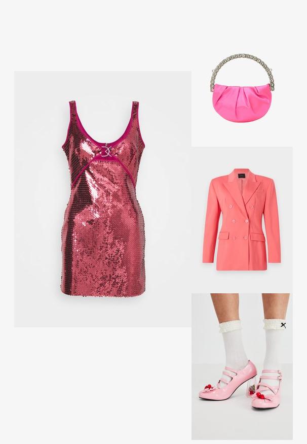 Koralfarvet dobbeltbrystet blazer med en struktureret design, nøgleklippede revers og to forlommer. Fremstillet af glat, letvægtsstof.; Pailletkjole i skinnende pink med en tætsiddende design. Har en dyb udskæring, brede stropper og en dekorativ hardwaredetalje foran.; Lyserøde laklæderhæle med rund tå, tre remme og kirsebærpynt. Klart blokhæl med blomsterdekorationer. Hvide ribbede sokker.; Lyserød satin håndtaske med en rund form, samlet design og et glitrende håndtag prydet med rhinsten. Blød tekstur med en blank finish.