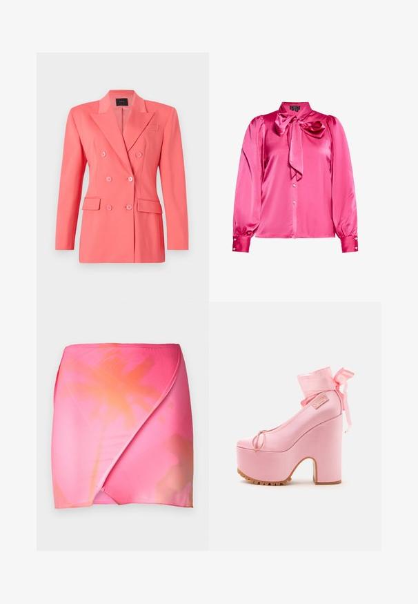 Koraalkleurige dubbelzijdige blazer met een gestructureerd ontwerp, inkepingen op de revers en twee voorzakken. Gemaakt van een gladde, lichte stof.; Roze satijnen blouse met een hoge hals, strikdetail bij de kraag en gepofte lange mouwen. Heeft knoopsluitingen en gestructureerde manchetten.; Roze gradient wikkelrok van soepele, rekbare stof met een ombre-effect van levendig roze naar zachte oranje tinten. Eenvoudig taillenbandontwerp.; Roze platform hoge hak schoen met dikke blokhak, enkelriempjes gestrikt in een strik en profielzool.
