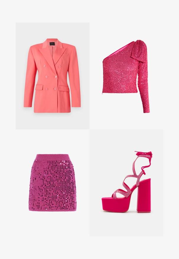 Koraalkleurige dubbelzijdige blazer met een gestructureerd ontwerp, inkepingen op de revers en twee voorzakken. Gemaakt van een gladde, lichte stof.; Roze pailletten top met een asymmetrisch ontwerp, één lange mouw en een gepofte schouderdetail, textuur met sprankelende versieringen.; Magenta gebreide minirok versierd met verticale rijen glanzende pailletten en een geribde tailleband.; Steve Madden CHAMPAGNE - Sandalen met plateauzool - pink