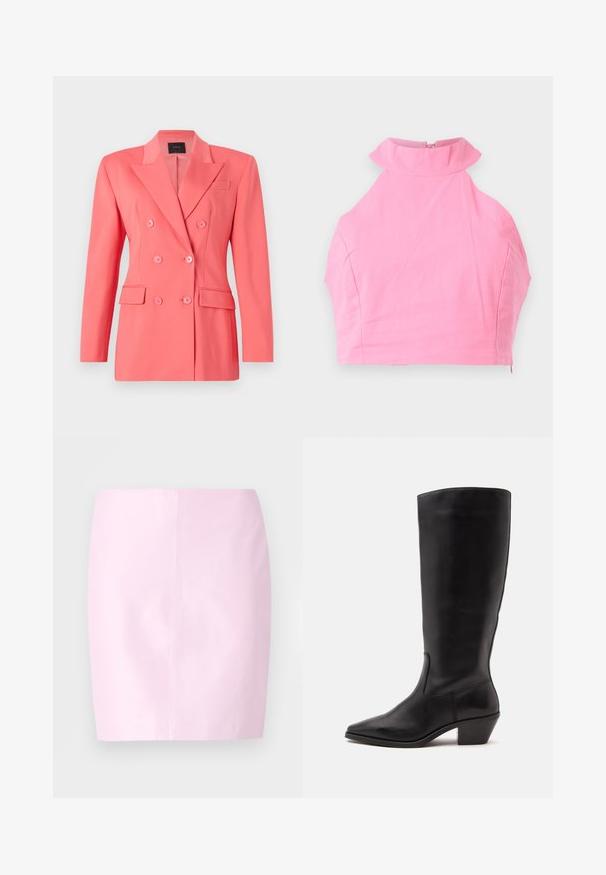 Koralfarvet dobbeltbrystet blazer med en struktureret design, nøgleklippede revers og to forlommer. Fremstillet af glat, letvægtsstof.; Lyserød cropped top med høj flæsekrave, glat tekstur og lynlås lukning bagpå. Skræddersyet pasform uden yderligere mønstre eller detaljer.; Lyserød tætsiddende nederdel med en glat tekstur, høj talje og lige snit. Enkel design uden yderligere pyntegenstande.; Sort læderstøvle til midtkalv med spids tå og lavt skråt hæl på en enkel lys baggrund.
