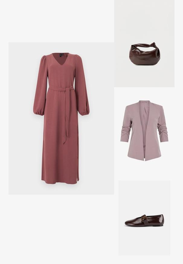 Licht lavendelkleurige blazer met een getailleerd ontwerp, driekwart uitgerimpelde mouwen en een open voorkant. Gladde stof en minimalistische silhouet.; Lange mauve jurk met V-hals, lange pofmouwen, elastische manchetten en een bijpassende stoffen riem gebonden in de taille, afgebeeld tegen een effen achtergrond.; Donkerbruine lakleren platte schoen met een grote gouden gesp en een afgeronde teen, zijaanzicht op een witte achtergrond.; Donkerbruine leren schoudertas met een zachte, slungelige vorm en een gedraaide knoopvormige handgreep op een effen witte achtergrond.