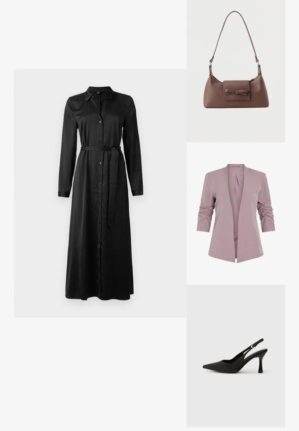 Heller lavendelfarbener Blazer mit tailliertem Design, dreiviertel-langen gerafften Ärmeln und offenem Vorderteil. Glattes Material und minimalistisches Silhouette.; Schwarzes, langärmliges Kleid mit Knopfverschluss vorne, Kragen und passendem Gürtel in der Taille. Glattes Material, knöchellang mit geradem Schnitt.; Schwarze Slingback-Absatzschuhe mit spitzem Zehenbereich, glattem, mattem Finish und schmalem, glanzvollem Absatz. Verstellbarer Riemen mit kleiner Schnallen-Detail.; Braune Leder-Umhängetasche mit einer vorderen Klappentasche, die ein gestepptes Schleifendetail und einen verstellbaren Riemen aufweist.