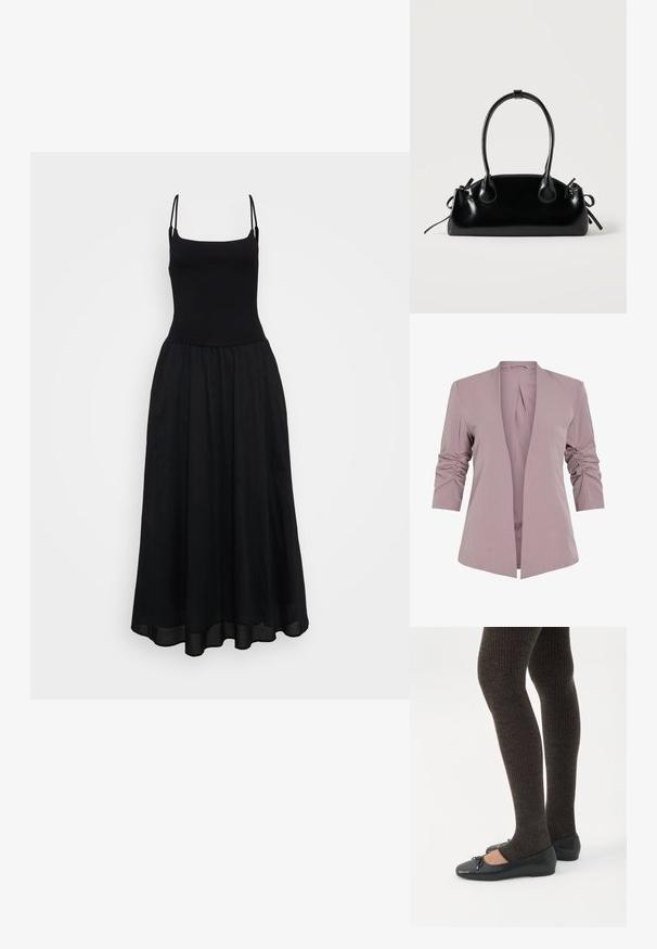 Blazer de lavanda claro con un diseño entallado, mangas rizadas de tres cuartos y un frente abierto. Tela suave y silueta minimalista.; Vestido negro sin mangas con un corsé ajustado y una falda fluida hasta los tobillos. Hecho de una tela ligera con una textura suave.; Piernas con leggings oscuros acanalados combinados con bailarinas negras que presentan pequeños detalles de lazo sobre un fondo blanco.; Pequeño bolso negro brillante con dos asas largas y detalles de cordón lateral sobre un fondo claro liso.