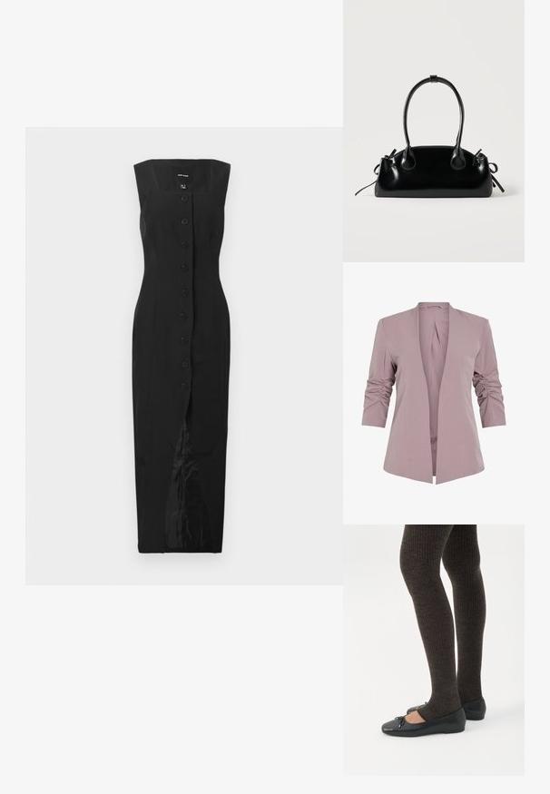 Licht lavendelkleurige blazer met een getailleerd ontwerp, driekwart uitgerimpelde mouwen en een open voorkant. Gladde stof en minimalistische silhouet.; Zwart mouwloos midi-jurk met vierkante halslijn, knoopsluiting aan de voorkant en een split in het midden, gepresenteerd tegen een effen witte achtergrond.; Benen met donkere geribbelde leggings gecombineerd met zwarte ballerina's met kleine strikdetails op een witte achtergrond.; Kleine zwarte glanzende handtas met twee lange hengsels en zijkant trekkoord details op een effen lichte achtergrond.