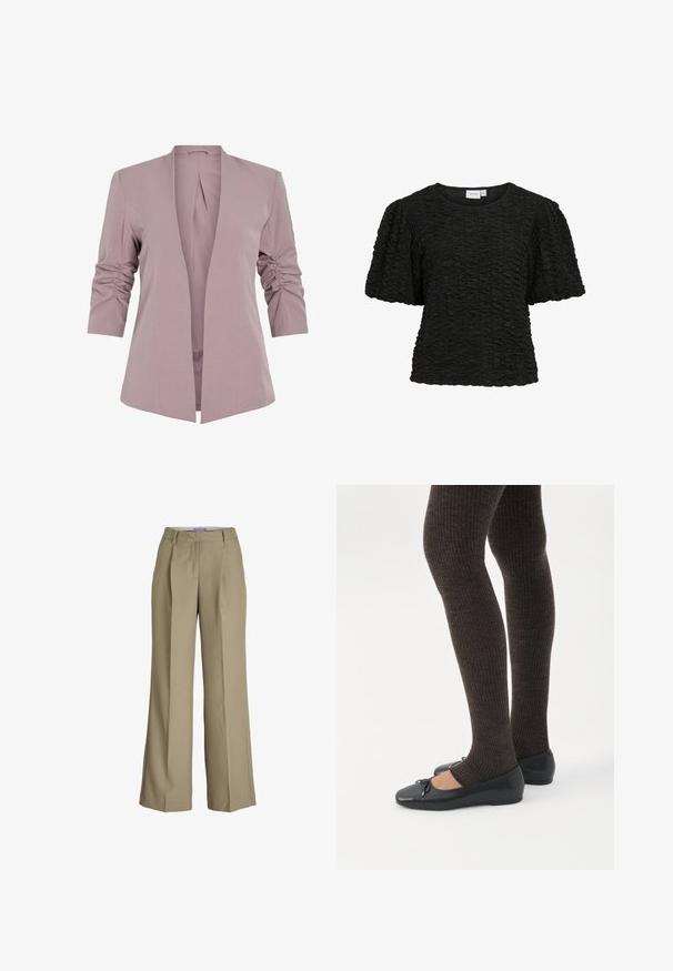 Blazer de lavanda claro con un diseño entallado, mangas rizadas de tres cuartos y un frente abierto. Tela suave y silueta minimalista.; Top negro de manga corta con un diseño texturizado y fruncido. Cuello redondo y estilo holgado. La tela parece suave y ligeramente elástica.; Pantalones de pierna ancha beige con una cintura alta, pliegues frontales y una textura de tela suave. Diseño clásico con un acabado a medida.; Piernas con leggings oscuros acanalados combinados con bailarinas negras que presentan pequeños detalles de lazo sobre un fondo blanco.