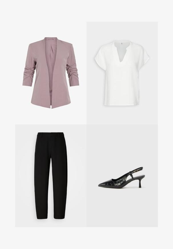 Blazer de lavanda claro con un diseño entallado, mangas rizadas de tres cuartos y un frente abierto. Tela suave y silueta minimalista.; Top blanco de manga corta con escote en V, confeccionado en tejido texturizado, con un corte relajado y detalles sutiles de costura.; Pantalones negros con una textura suave, diseño de pierna recta y cinturilla plana. Presentan costuras mínimas y sin herrajes visibles.; Tacones negros tipo slingback con punta afilada y un patrón texturizado con relieve de cocodrilo. Incluyen una correa estrecha en el tobillo y un tacón pequeño.