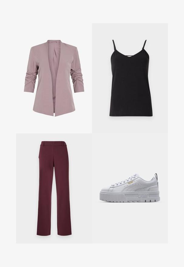Blazer lavande clair au design ajusté, avec des manches trois quarts froncées et une ouverture à l'avant. Tissu lisse et silhouette minimaliste.; Débardeur noir à fines bretelles réglables, décolleté en V et ourlet droit. Fabriqué en tissu doux et léger avec une texture lisse.; Pantalon bordeaux avec une coupe à jambes droites, fabriqué en tissu lisse, doté d'une ceinture plate et de détails de couture subtils.; Baskets plateformes blanches avec une tige en cuir lisse, un col rembourré, une semelle en caoutchouc grise et des accents dorés arborant le logo Puma.
