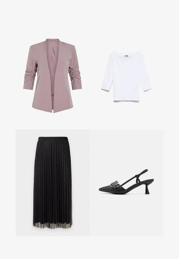 Blazer de lavanda claro con un diseño entallado, mangas rizadas de tres cuartos y un frente abierto. Tela suave y silueta minimalista.; Camisa blanca de manga tres cuartos hecha de una mezcla de algodón; presenta un amplio escote barco y una textura suave y ligera.; Falda midi negra plisada con un sutil estampado de leopardo, cinturilla elástica y textura transparente en el dobladillo.; Simmi London DALA - Tacones - black