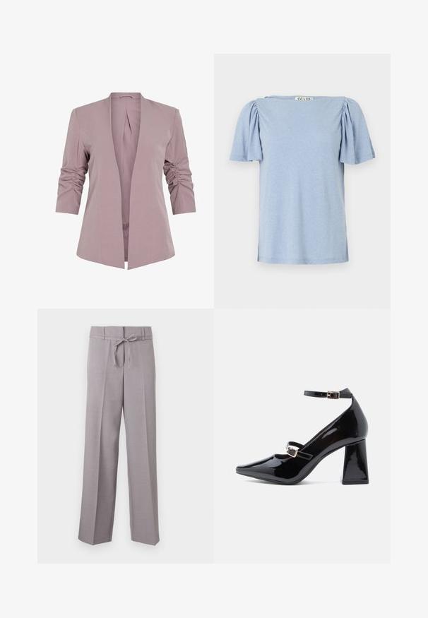 Lys lavendel blazer med skræddersyet design, trekvart ærmer med rynk, og åbent front. Glat stof og minimalistisk silhuet.; Lys blå kortærmet top med puffede ærmer og firkantet halsudskæring. Lavet af blødt materiale med en let tekstureret overflade.; Lys grå, vide bukser med en blød tekstur, der har en snoretræk i livet og pressede folder for en struktureret pasform.; Sorte patentlæder høje hæle med spidse tæer, to ankelremme, firkantet blokhæl og gyldne spændeakcenter. Glat, skinnende overflade.