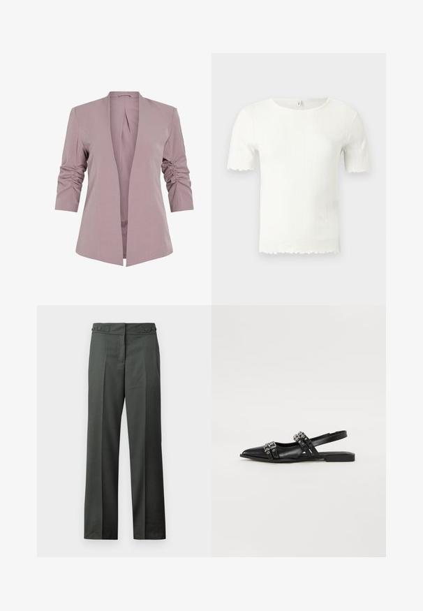Licht lavendelkleurige blazer met een getailleerd ontwerp, driekwart uitgerimpelde mouwen en een open voorkant. Gladde stof en minimalistische silhouet.; Witte, ribgebreide top met korte mouwen en geschulpte randen aan de mouwen en zoom, met een ronde halslijn.; Donkergrijze rechte broek met plooien aan de voorkant en verstelbare taille met knopen aan de zijkant, op een witte achtergrond.; Even&Odd by Zalando Slingback ballerina´s - black