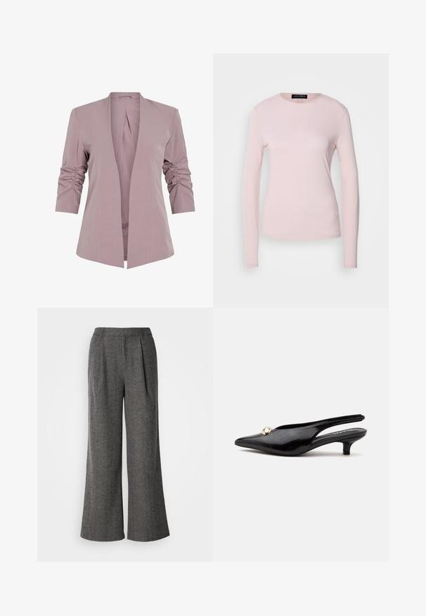 Lys lavendel blazer med skræddersyet design, trekvart ærmer med rynk, og åbent front. Glat stof og minimalistisk silhuet.; Langærmet skjorte i blødt lyserødt stof med rund halsudskæring og en tætsiddende pasform. Glat tekstur uden synlige mønstre eller accenter.; Grå fiskebensmønstret bukser med bred ben, plisseret front, skræddersyet talje og glat tekstur, der har et rent, professionelt design.; Sort laklæderslingback med lille hæl, spids tå og en lille rund guldbesætning på toppen.