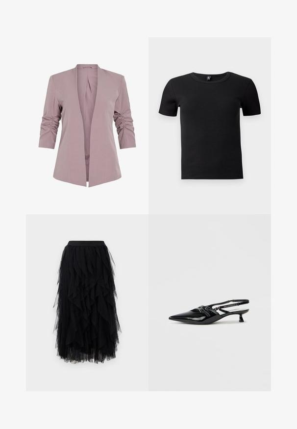 Lys lavendel blazer med skræddersyet design, trekvart ærmer med rynk, og åbent front. Glat stof og minimalistisk silhuet.; Sort kortærmet t-shirt lavet af ribbet stof. Har en klassisk rund hals og en tætsiddende silhuet. Ingen yderligere accenter.; Sort lagdelt tulle midi-nederdel med en tætsiddende talje og en volang, asymmetrisk kant.; Sort laklæder slingback-sko med spids tå, lille blokhæl og justerbar rem med udskæringsdetaljer og logoaccenter.