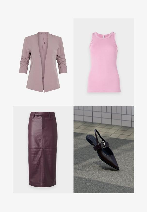 Licht lavendelkleurige blazer met een getailleerd ontwerp, driekwart uitgerimpelde mouwen en een open voorkant. Gladde stof en minimalistische silhouet.; Roze tanktop met een aansluitend ontwerp, voorzien van een ronde halslijn en ribbeltextuur. Geen patronen of accenten aanwezig.; Bordeaux leren kokerrok met een gladde textuur, voorzakken, naden die panelen creëren en een middellange snit.; Donkerbruine platte slingback schoen met puntige neus, brede band en grote zilveren gesp, op asfalt bij een betegelde muur.