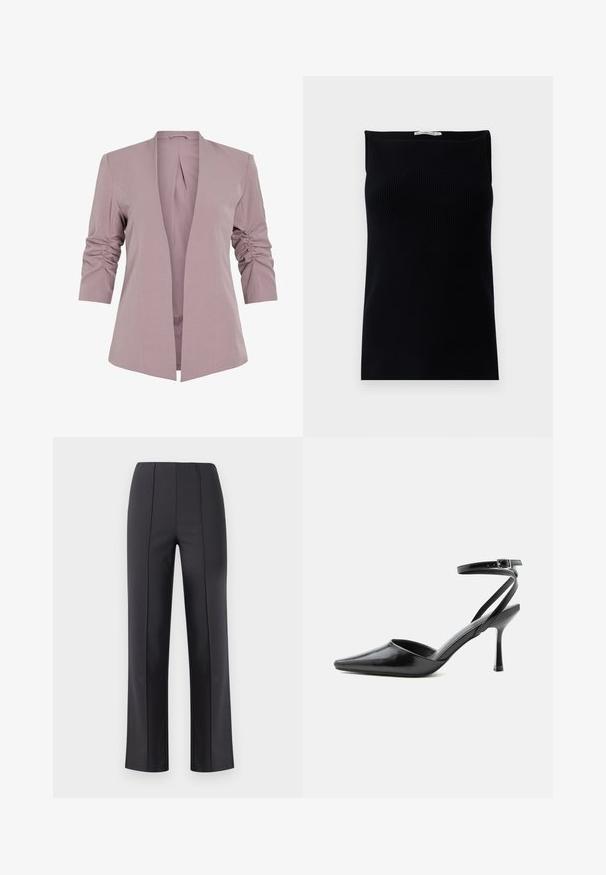 Blazer de lavanda claro con un diseño entallado, mangas rizadas de tres cuartos y un frente abierto. Tela suave y silueta minimalista.; Top sin mangas negro de canalé con un escote recto, que presenta una textura suave y una silueta ajustada.; Pantalones negros de corte recto, confeccionados a medida, con costuras frontales y cinturilla elástica, mostrados sobre un fondo claro y liso.; Zapato de tacón alto negro de punta fina con delgadas correas en el tobillo y cierre de hebilla plateada sobre un fondo liso claro.