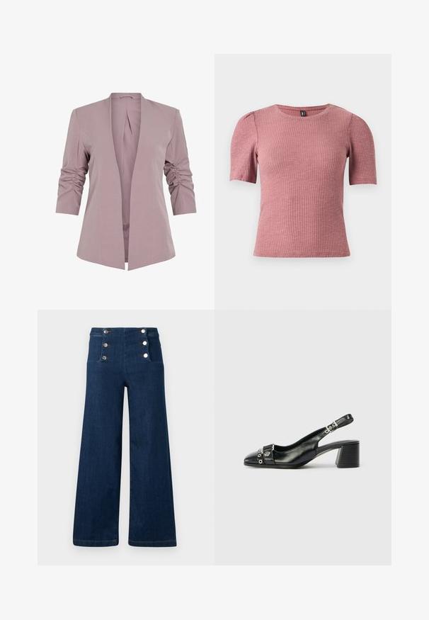 Heller lavendelfarbener Blazer mit tailliertem Design, dreiviertel-langen gerafften Ärmeln und offenem Vorderteil. Glattes Material und minimalistisches Silhouette.; Kurzärmeliges, strukturiertes Oberteil aus rippenartigem stoff in staubigem Rosa. Rundhalsausschnitt mit dezenten Puffärmeln. Eng anliegende Form, elastisches Material.; Weit geschnittene, dunkelblaue Jeans mit hoher Taille und zwei vertikalen Reihen silberner Knöpfe auf der Vorderseite.; Schwarze Leder-Slingback-Pumps mit spitzem Vorderteil, strukturiertem Riemen mit runden metallischen Akzenten und gestapeltem Blockabsatz.